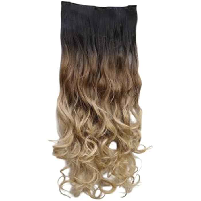 Synthetic Hair Extension, Long Curly Wavy Clip-in, Black to Blonde Ombre, Heat Resistant, 24-Inch Length